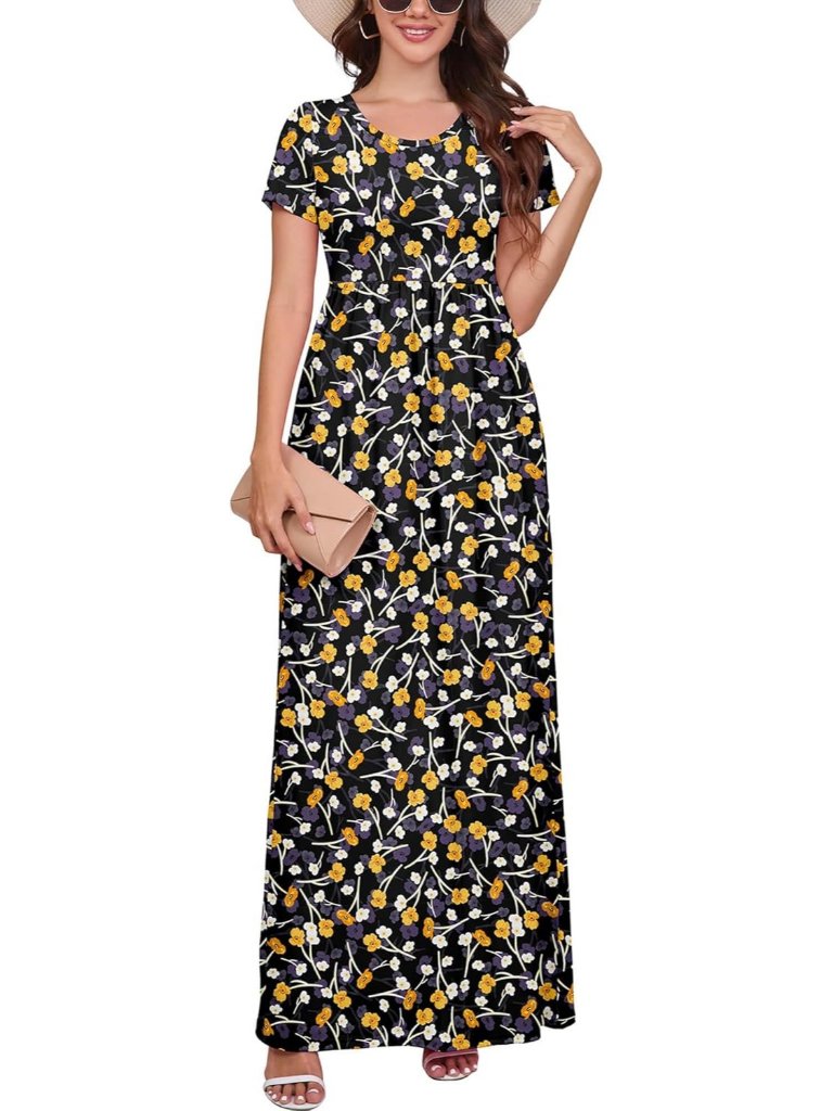 Women's Blue Yellow Maxi Short Sleeve Loose Plain Comfy Long Dress With Pockets